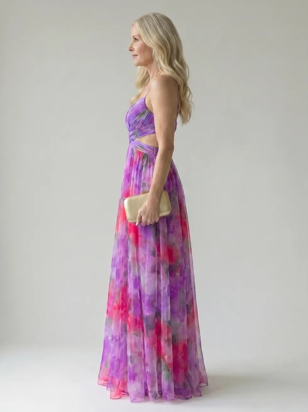 Whitemore & Daughters - Isel Maxi Dress: V-Neck Dress with Criss-Cross Waist Detail in Watercolor Print