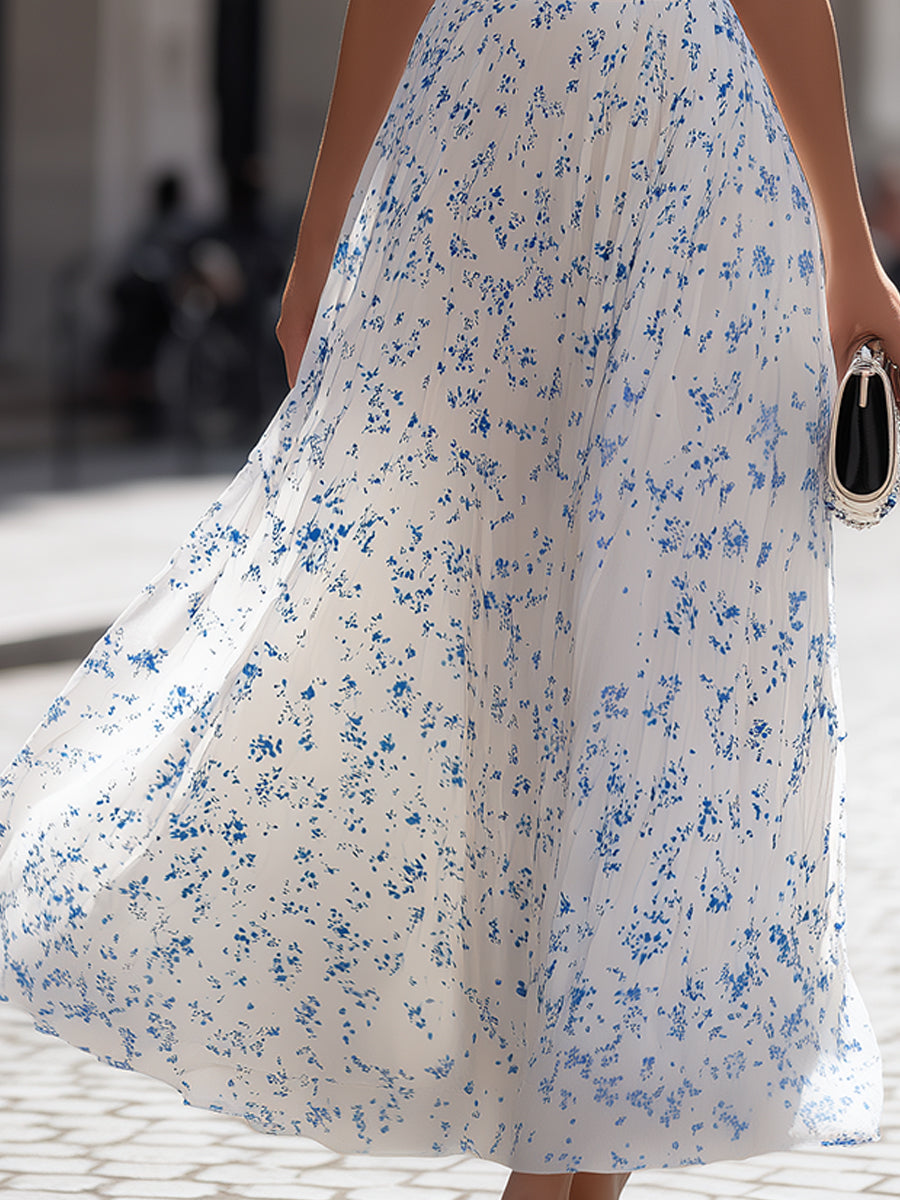 Whitemore & Daughters - Maxi Dress: Round-Neck Sleeveless Pleated Dress in Floral Print