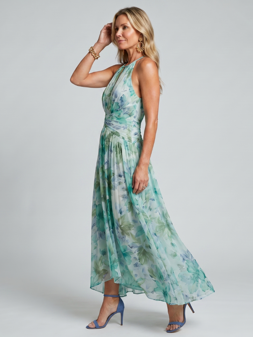 Whitemore & Daughters - Portia Maxi Dress: Halter-Neck Pleated Dress in Floral Print
