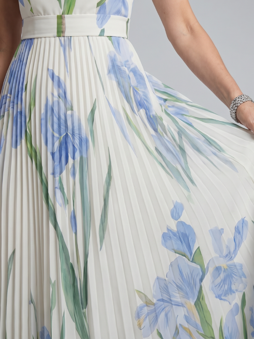Whitemore & Daughters - Ophelia Maxi Dress: Square-Neck Belted Dress with Pleated Skirt in Floral Print