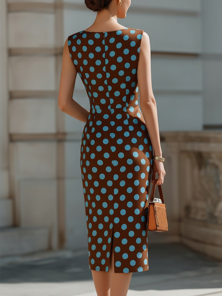 Whitemore & Daughters - Midi Dress: Round-Neck Sleeveless Sheath Dress in Polka Dot Print