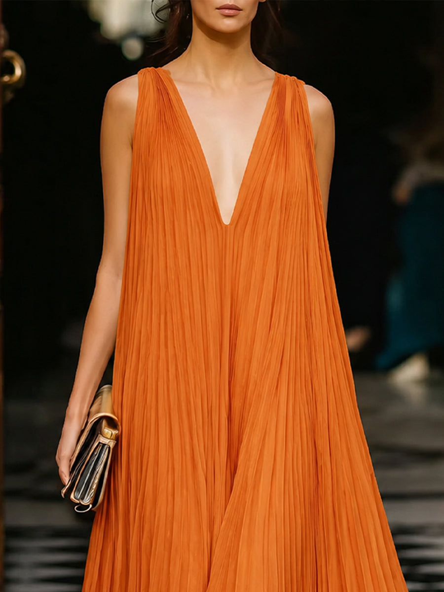 Whitemore & Daughters - Maxi Dress: Deep V-Neck Pleated Dress with Flowing Silhouette
