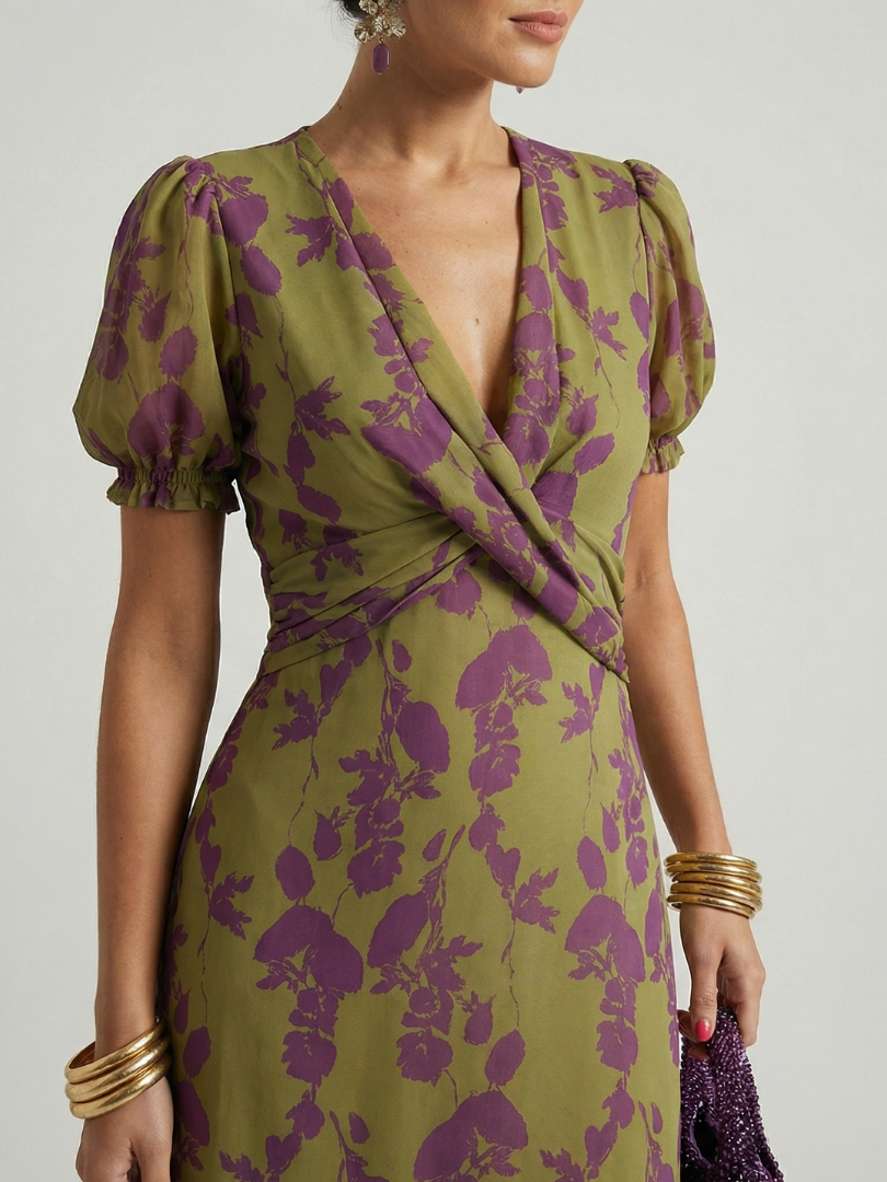 Whitemore & Daughters - Virel Midi Dress: V-Neck Wrap Dress with Puff Sleeves in Floral Print