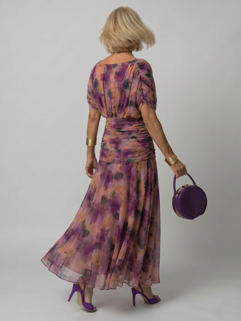 Whitemore & Daughters - Calen Maxi Dress: Off-Shoulder V-Neck Dress with Flutter Sleeves in Floral Print