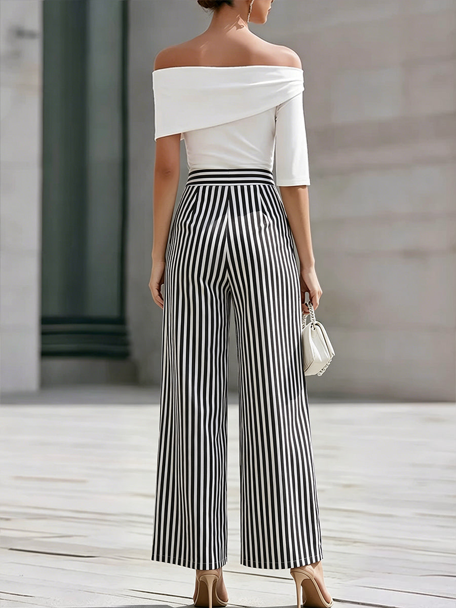 White Off-Shoulder Draped Top & Striped Pants Co-ord – Whitemore & Daughters
