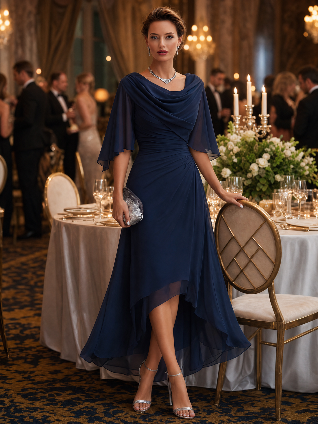 Whitemore & Daughters - Midi Dress: Draped Cowl-Neck Chiffon Dress with Cape-Overlay Sleeves
