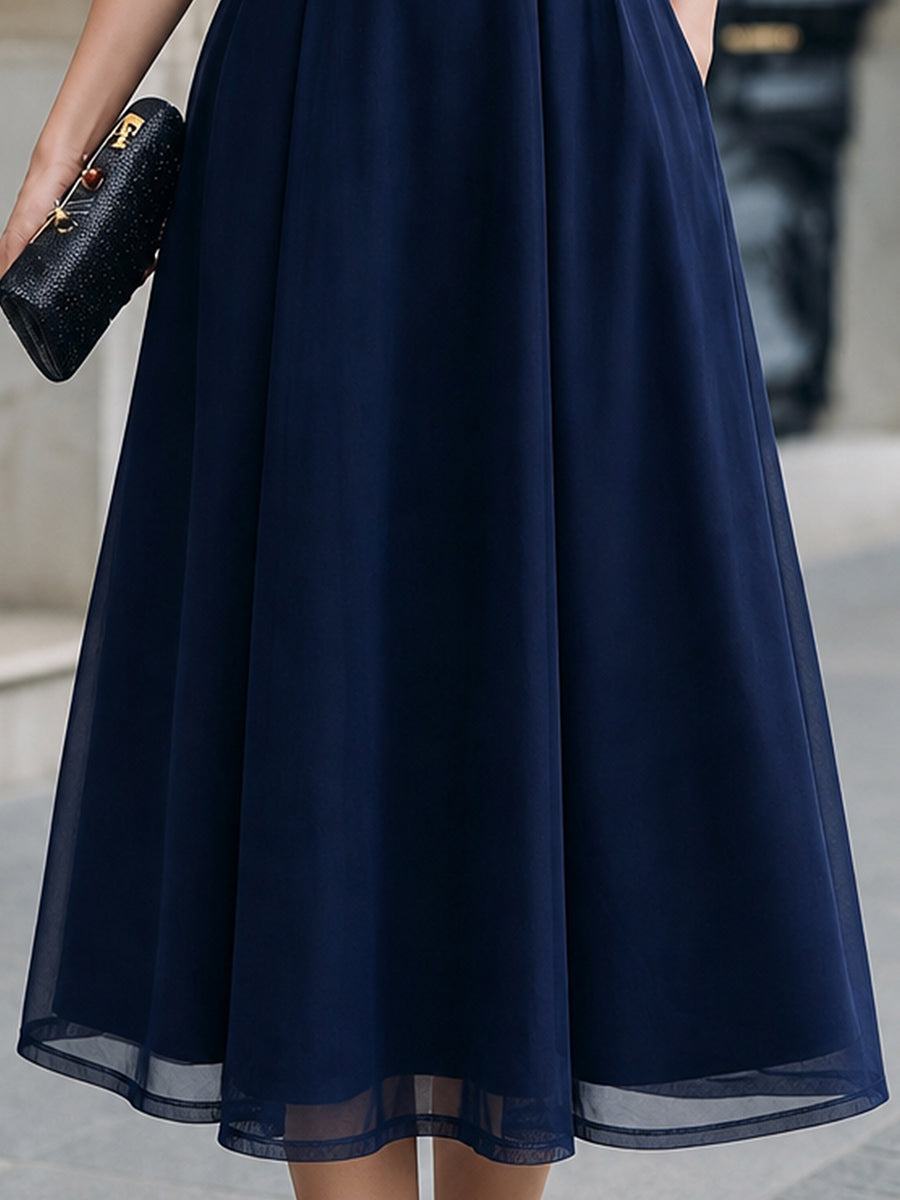 Whitemore & Daughters - Midi Dress: Off-Shoulder A-Line Dress with Sheer Mesh Neckline