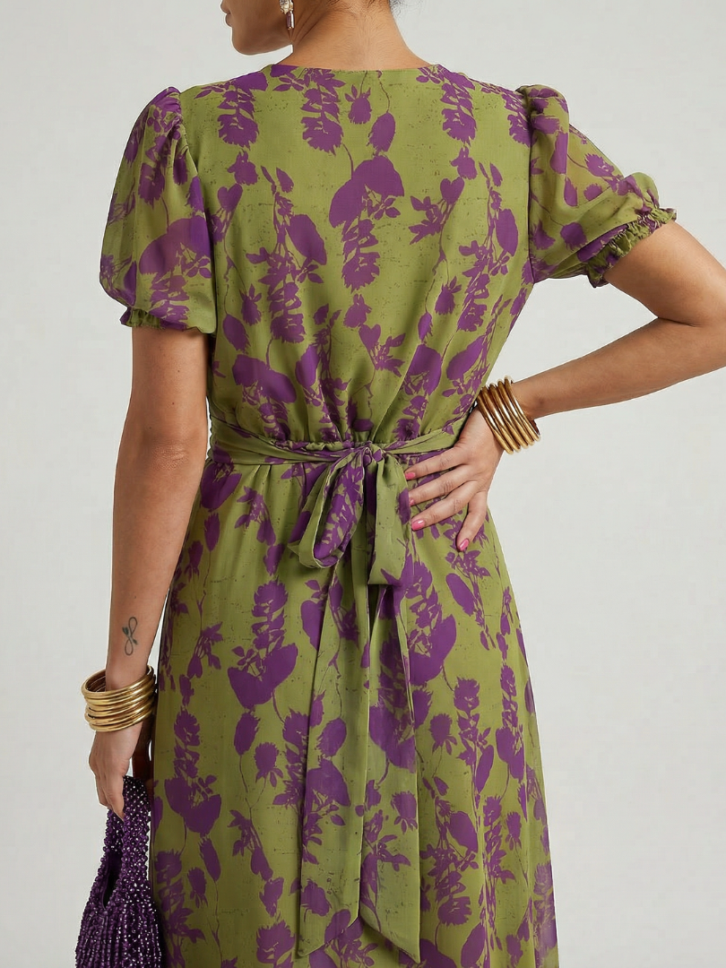 Whitemore & Daughters - Virel Midi Dress: V-Neck Wrap Dress with Puff Sleeves in Floral Print