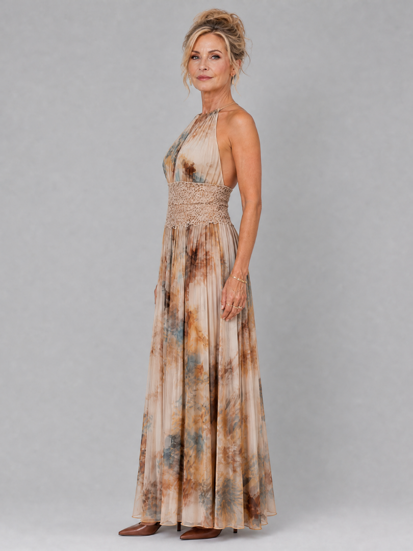 Whitemore & Daughters - Elavenue Maxi Dress: Halter-Neck Dress with Lace Waist Detail in Watercolor Print
