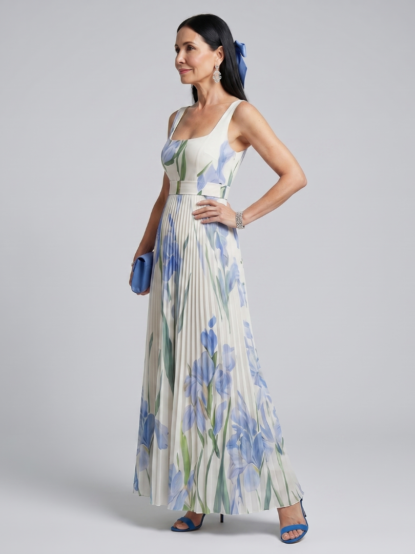 Whitemore & Daughters - Ophelia Maxi Dress: Square-Neck Belted Dress with Pleated Skirt in Floral Print