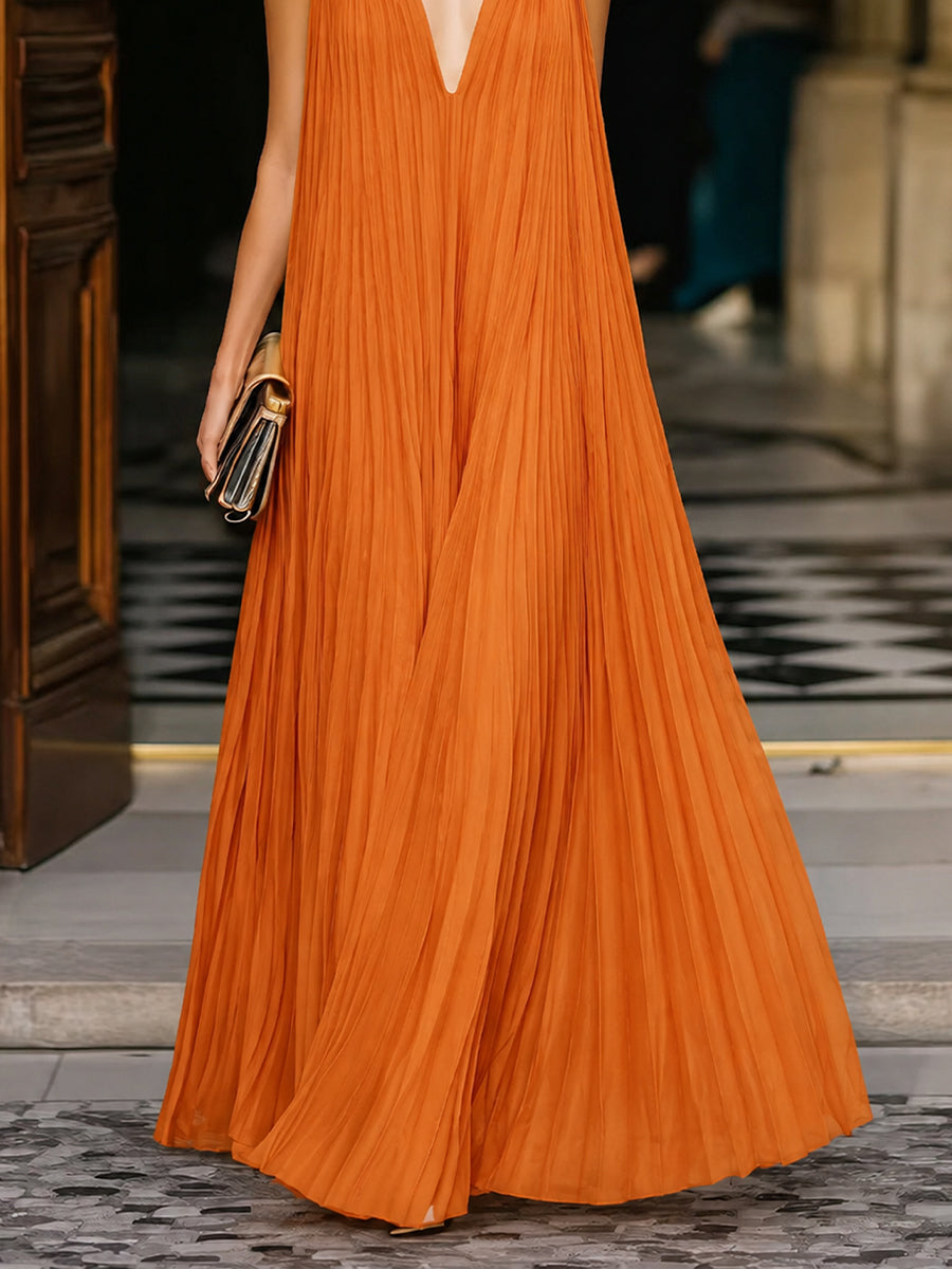 Whitemore & Daughters - Maxi Dress: Deep V-Neck Pleated Dress with Flowing Silhouette