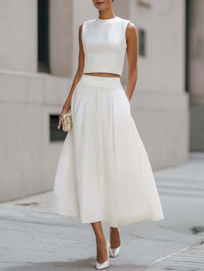 White Sleeveless Cropped Top & Pleated Midi Skirt Co-ord – Whitemore & Daughters