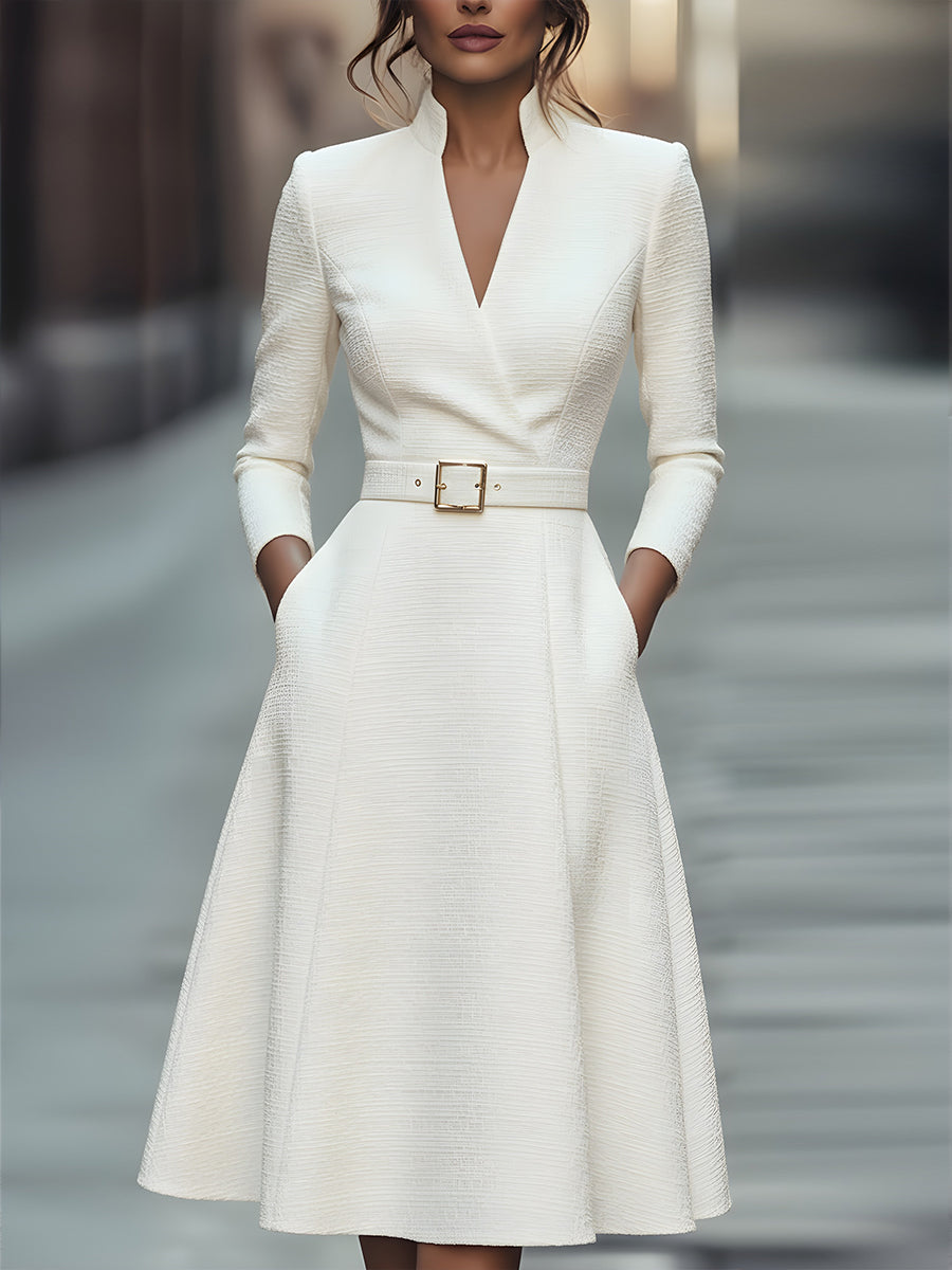 Whitemore & Daughters - Midi Dress: V-Neck Belted Dress with Long Sleeves