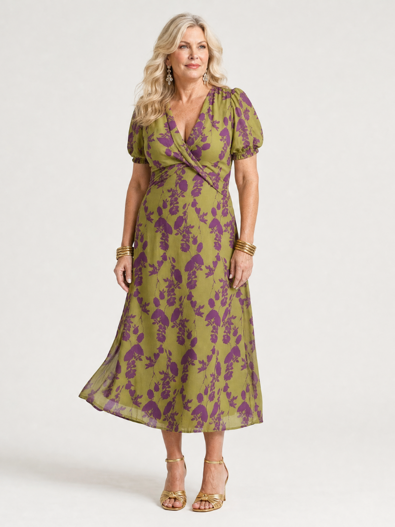 Whitemore & Daughters - Virel Midi Dress: V-Neck Wrap Dress with Puff Sleeves in Floral Print
