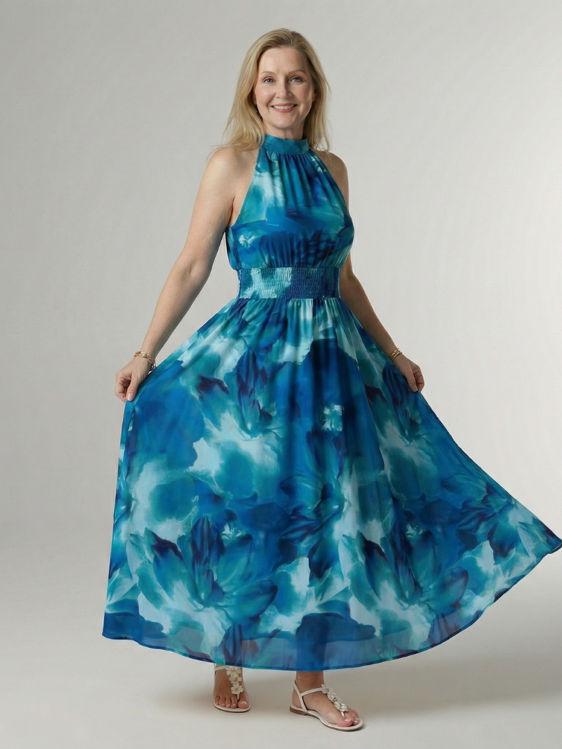 Whitemore & Daughters - Sylin Maxi Dress: Halter-Neck Dress with Gathered Waist in Watercolor Print