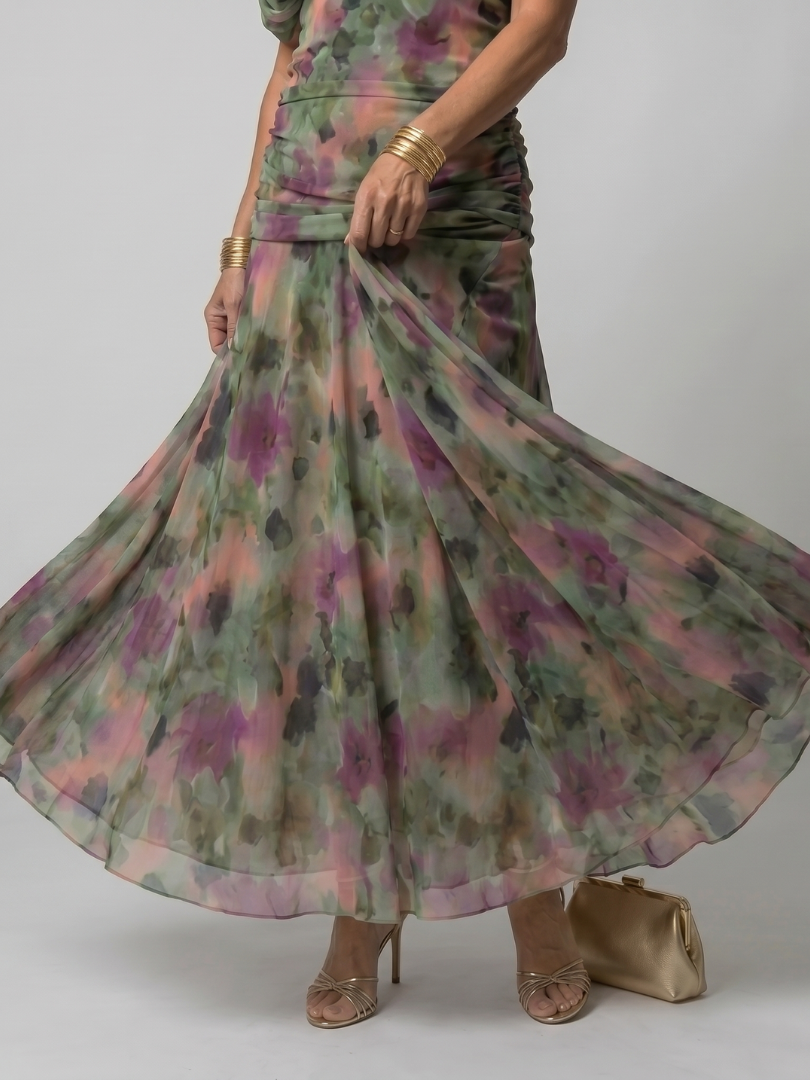 Whitemore & Daughters - Calen Maxi Dress: Off-Shoulder V-Neck Dress with Flutter Sleeves in Floral Print