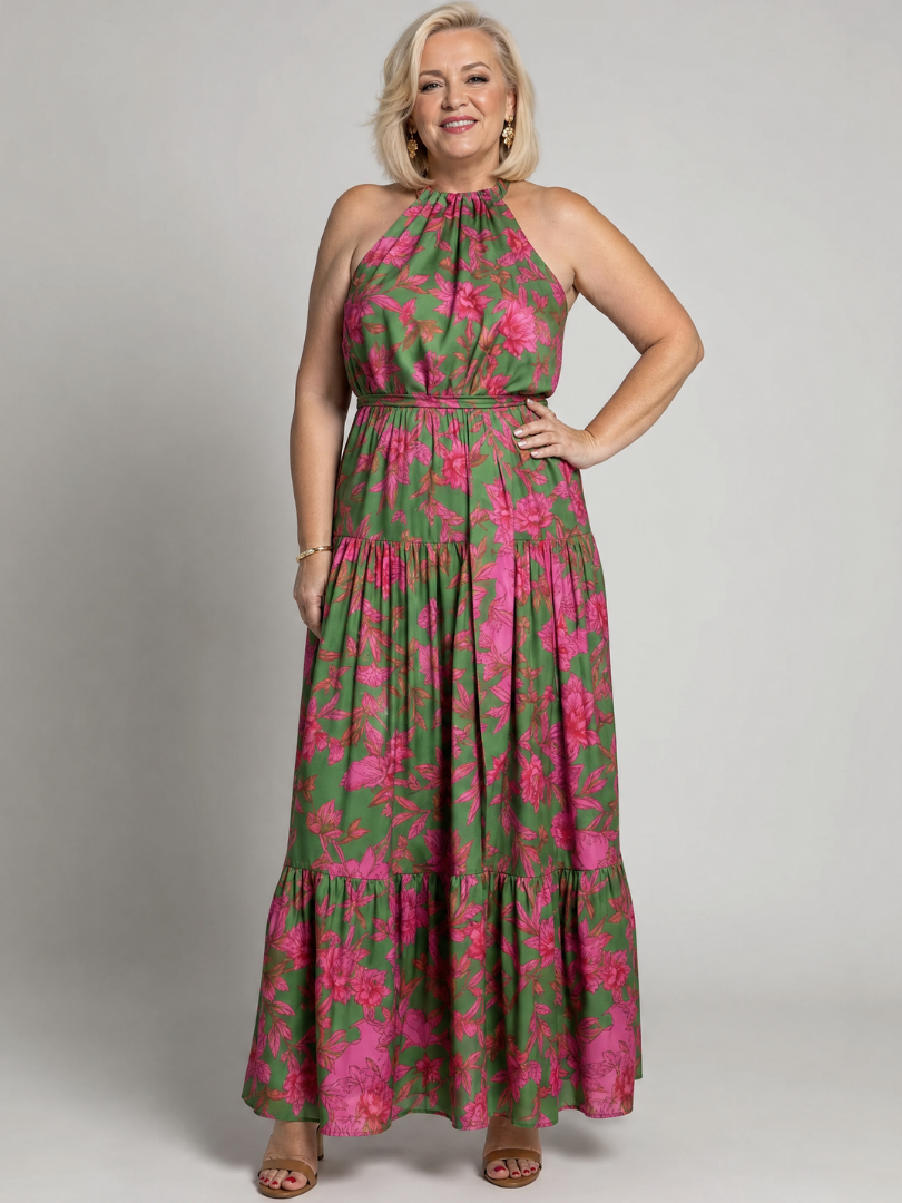 Whitemore & Daughters - Rowen Maxi Dress: Halter-Neck Belted Dress with Tiered Skirt in Floral Print