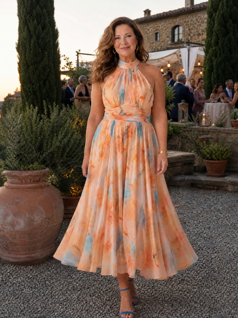 Whitemore & Daughters - Elin Midi Dress: Halter-Neck Dress with Belted Waist in Watercolor Print