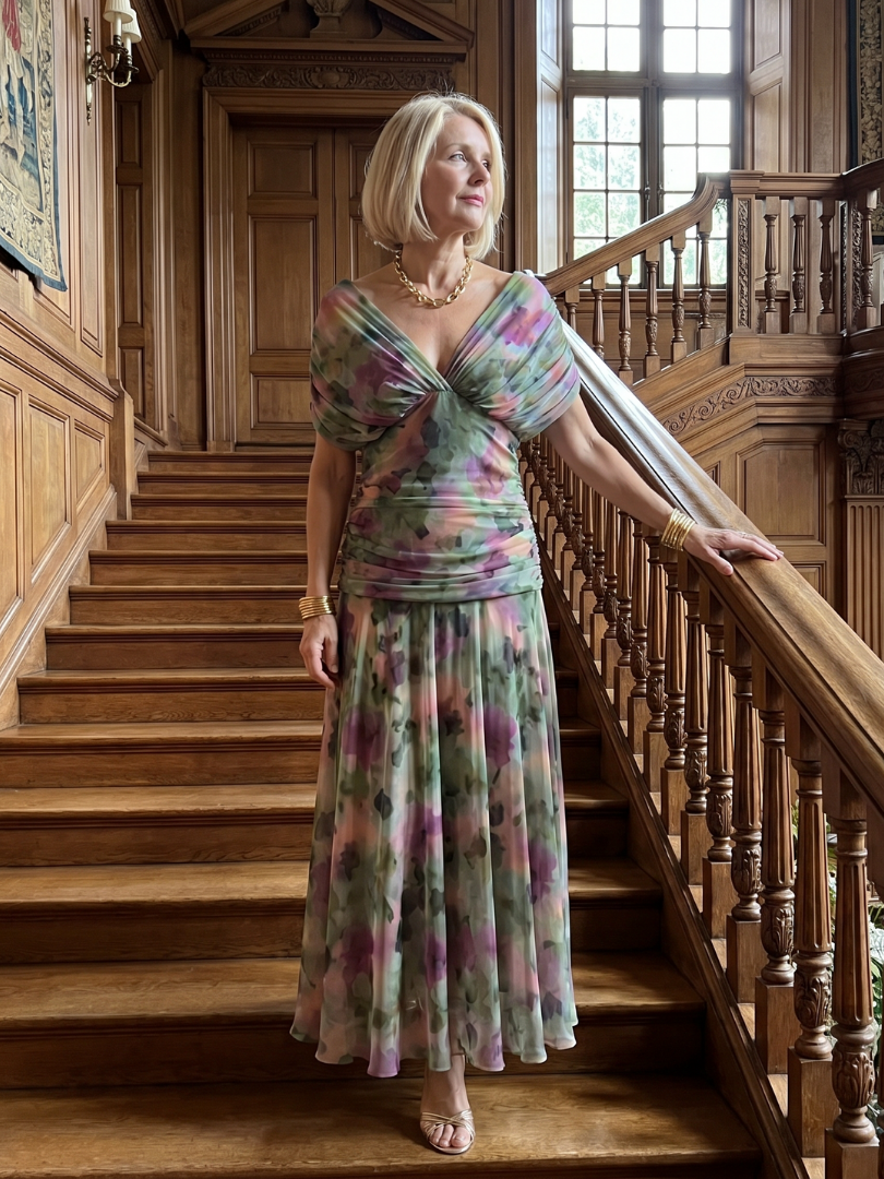 Whitemore & Daughters - Calen Maxi Dress: Off-Shoulder V-Neck Dress with Flutter Sleeves in Floral Print