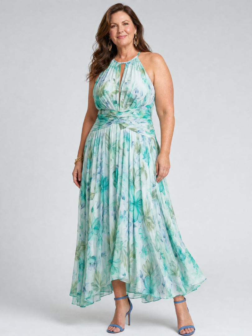 Whitemore & Daughters - Portia Maxi Dress: Halter-Neck Pleated Dress in Floral Print