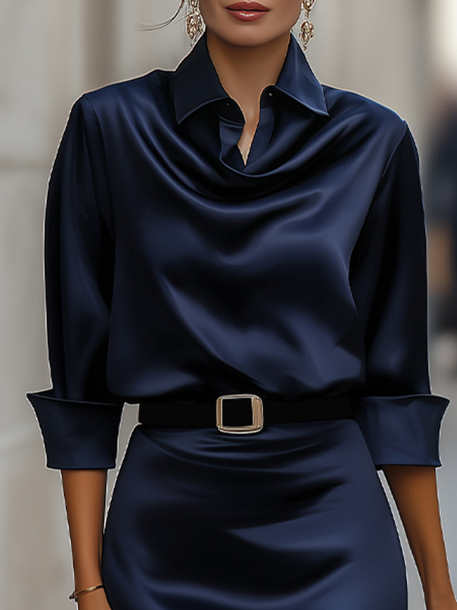 Whitemore & Daughters - Midi Dress: Draped Collar Satin Dress with Belted Waist