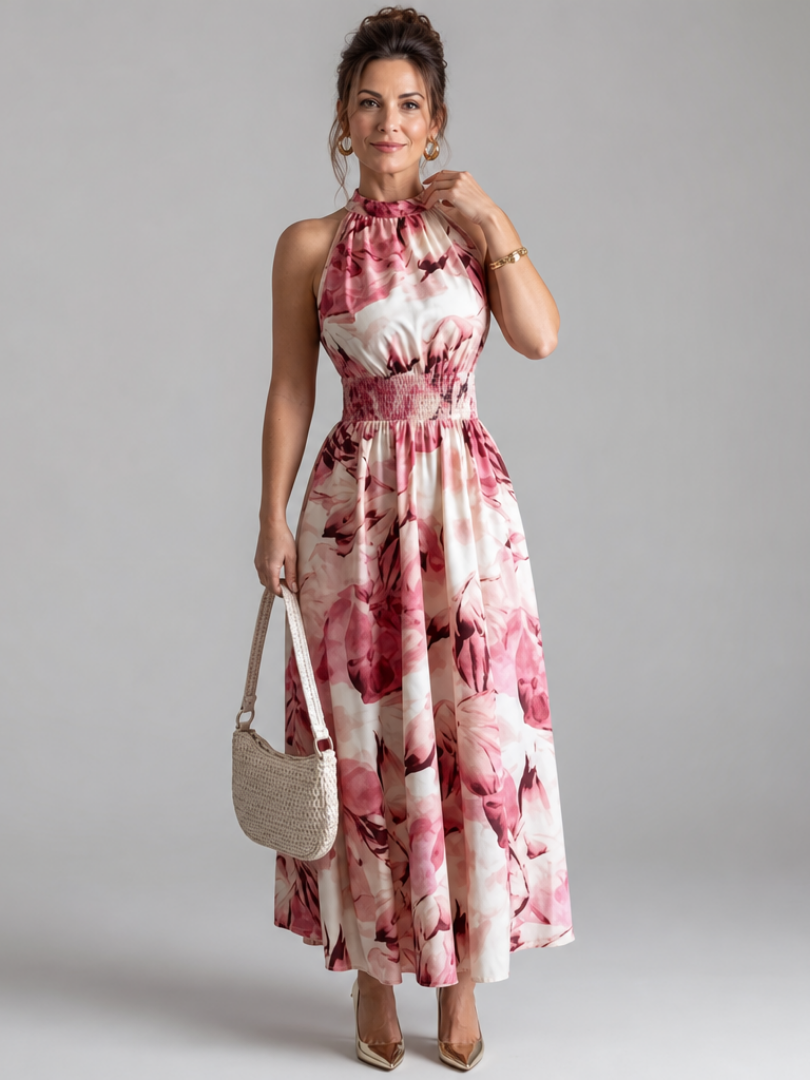 Whitemore & Daughters - Olivia Maxi Dress: Halter-Neck Gathered Dress in Abstract Print