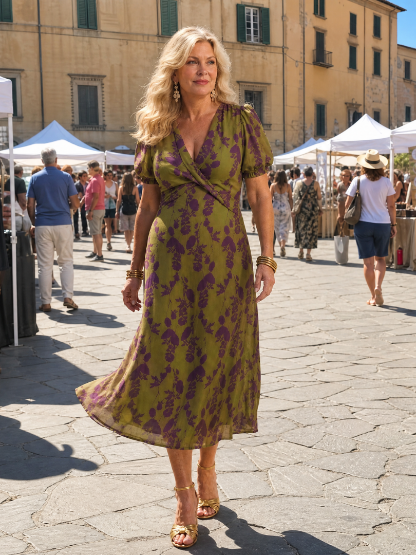 Whitemore & Daughters - Virel Midi Dress: V-Neck Wrap Dress with Puff Sleeves in Floral Print