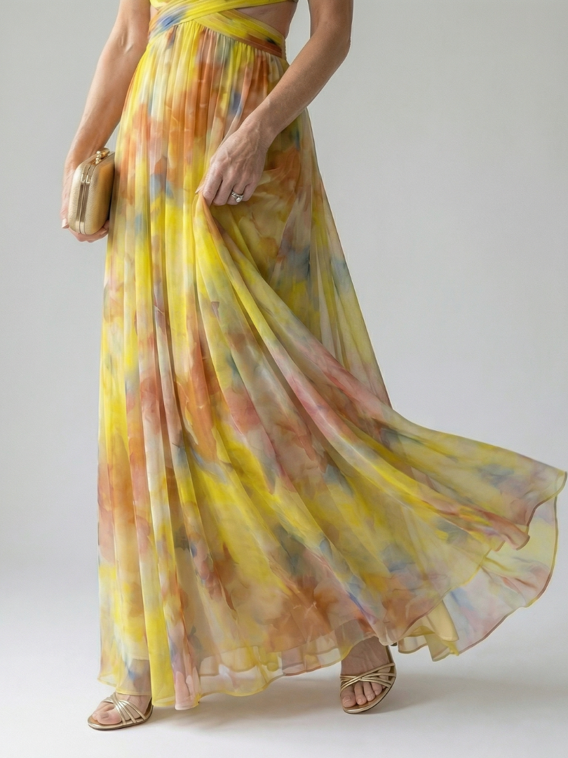 Whitemore & Daughters - Isel Maxi Dress: V-Neck Dress with Criss-Cross Waist Detail in Watercolor Print
