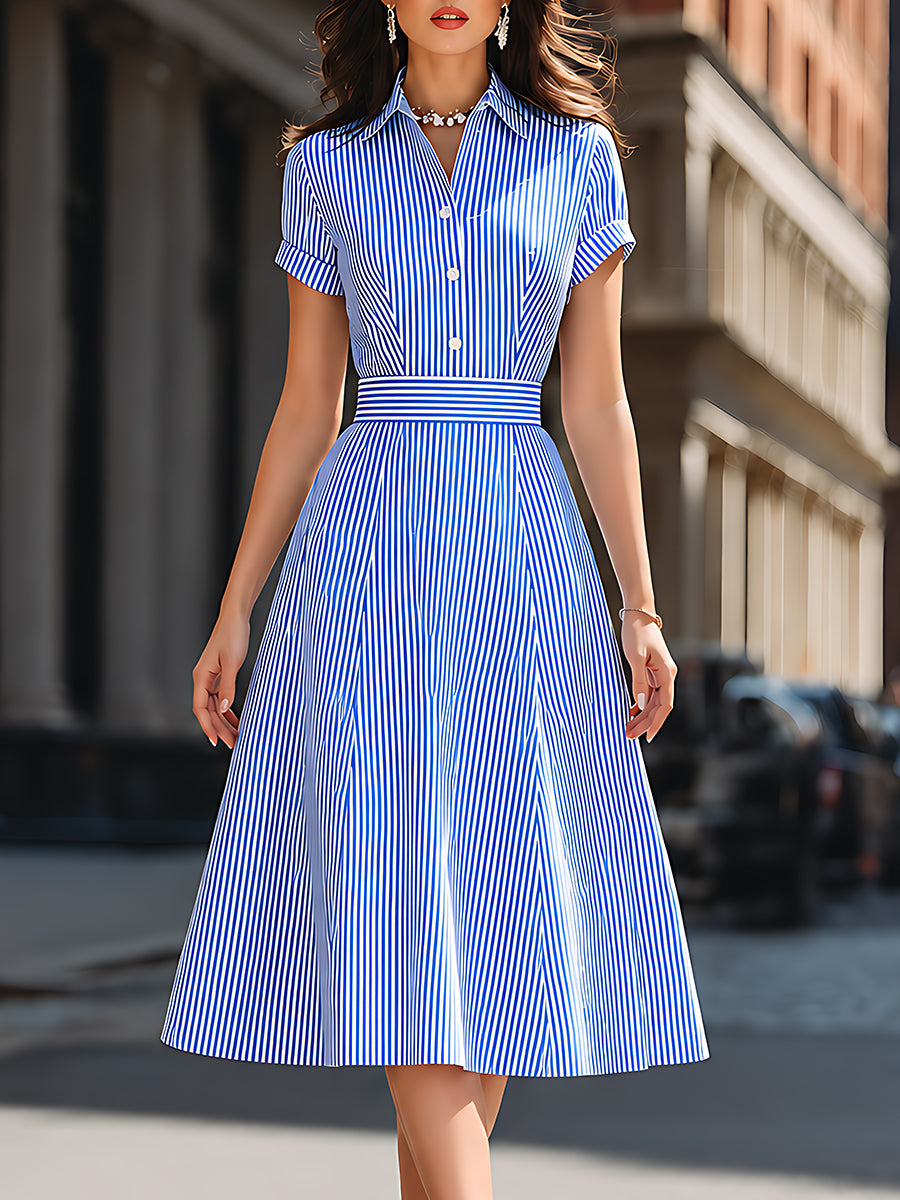 Whitemore & Daughters - Midi Dress: A-Line Collared Dress with Belted Waist in Striped Print