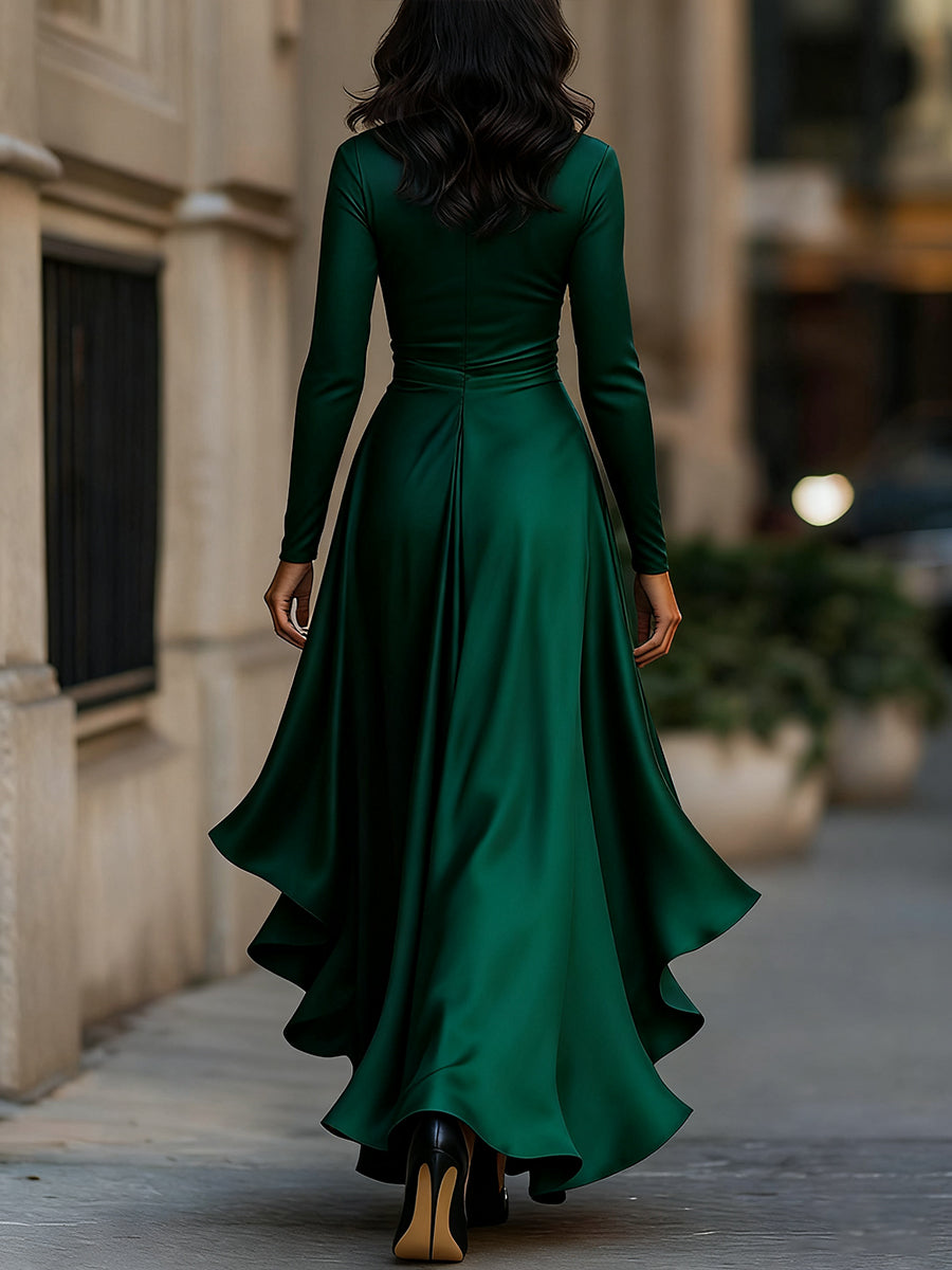 Whitemore & Daughters - Midi Dress: Wrap V-Neck Satin Dress with Ruffle High-Low Hem