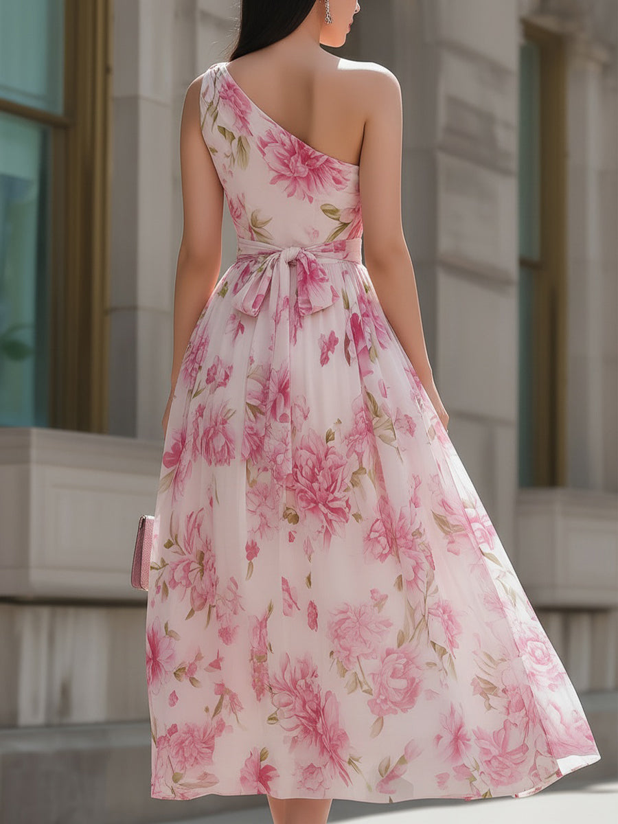 Whitemore & Daughters - Midi Dress: One-Shoulder Belted Dress in Floral Print