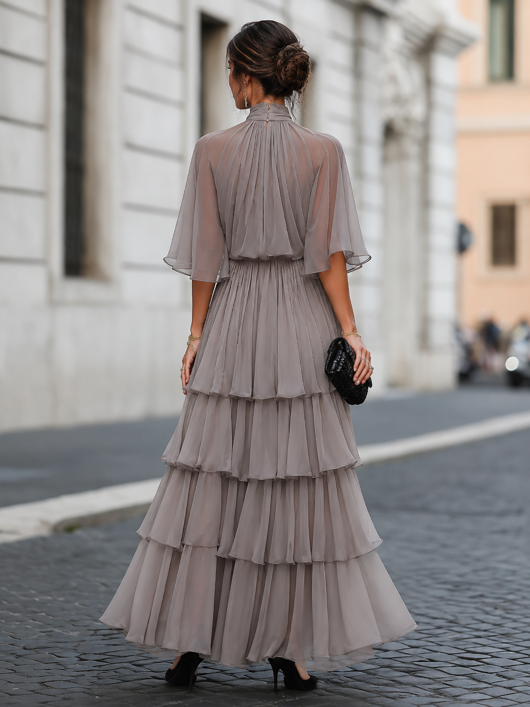 Whitemore & Daughters - Maxi Dress: High-Neck Dress with Cape Sleeves and Tiered Ruffle Skirt