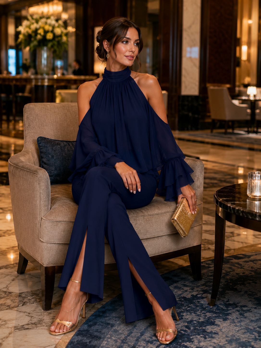 Navy Halter Cold Shoulder Ruffle Chiffon Top & Front Slit Flare Pants Two-Piece Set Co-ord – Whitemore & Daughters