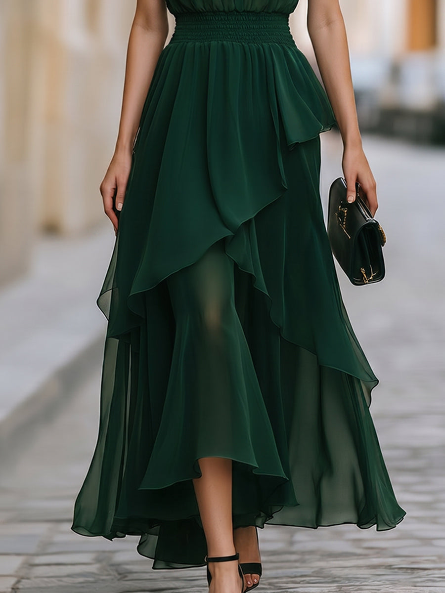 Whitemore & Daughters - Midi Dress: Halter-Neck Chiffon Dress with Layered Tiered Skirt