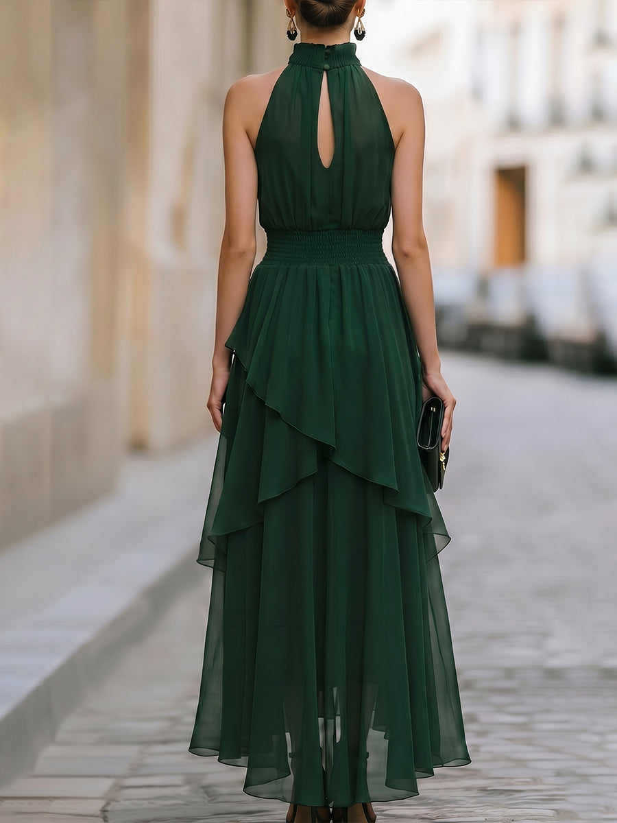 Whitemore & Daughters - Midi Dress: Halter-Neck Chiffon Dress with Layered Tiered Skirt