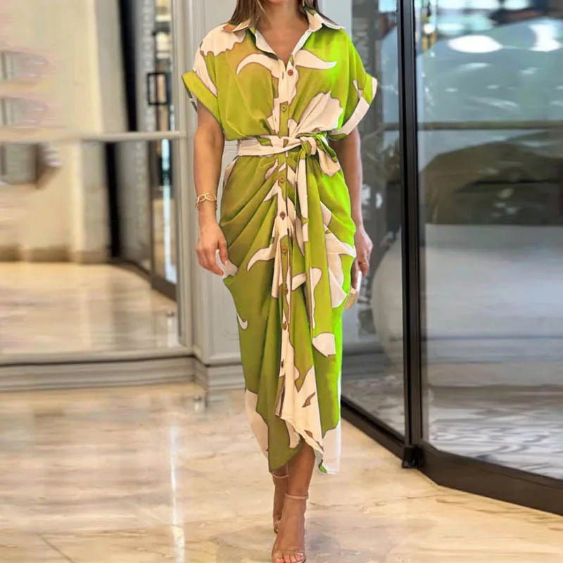 Whitemore & Daughters - Alyson Midi Dress: Shirt-Collar Wrap Dress with Short Sleeves in Abstract Print