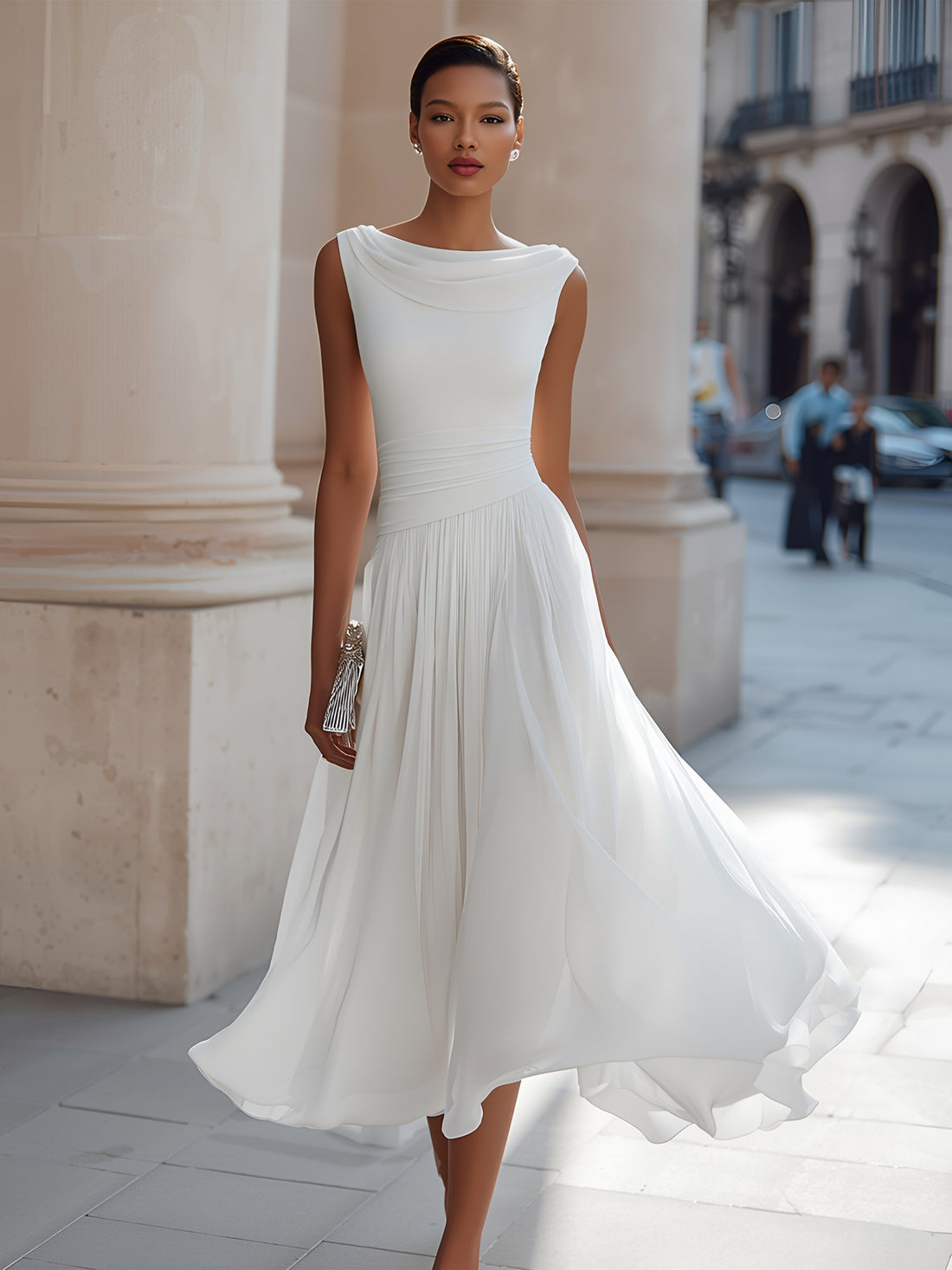 Whitemore & Daughters - Midi Dress: Cowl-Neck A-Line Dress with Flowy Pleated Skirt