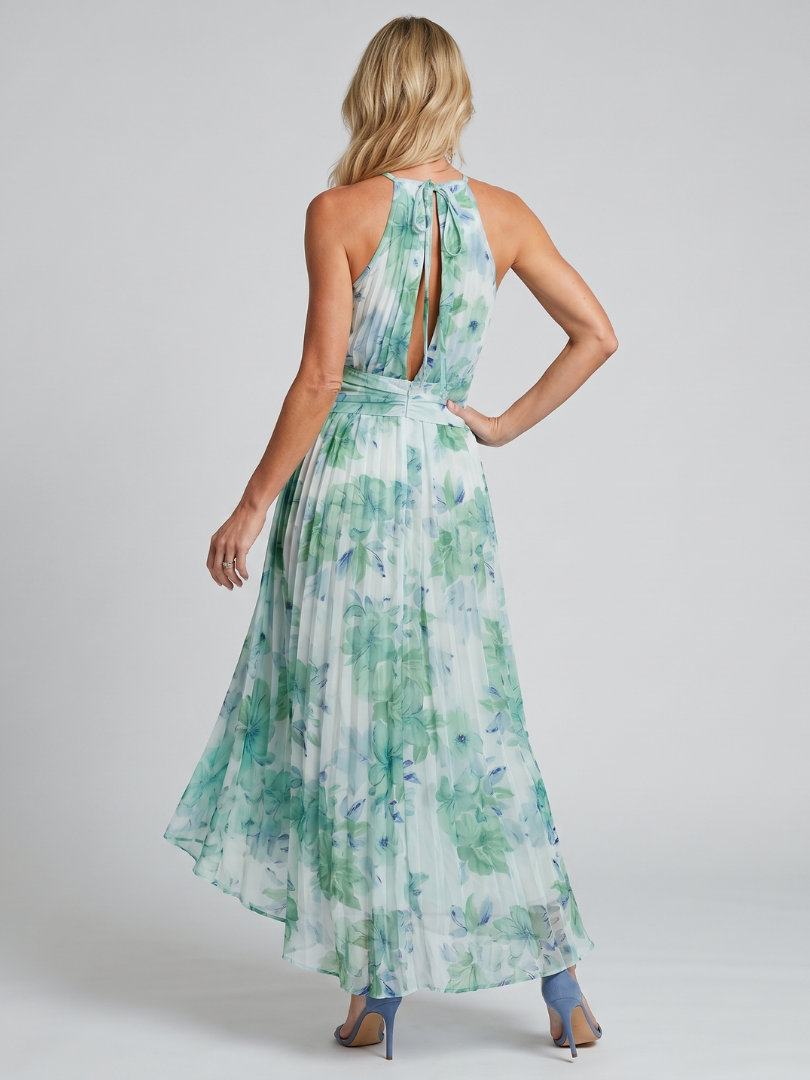 Whitemore & Daughters - Portia Maxi Dress: Halter-Neck Pleated Dress in Floral Print