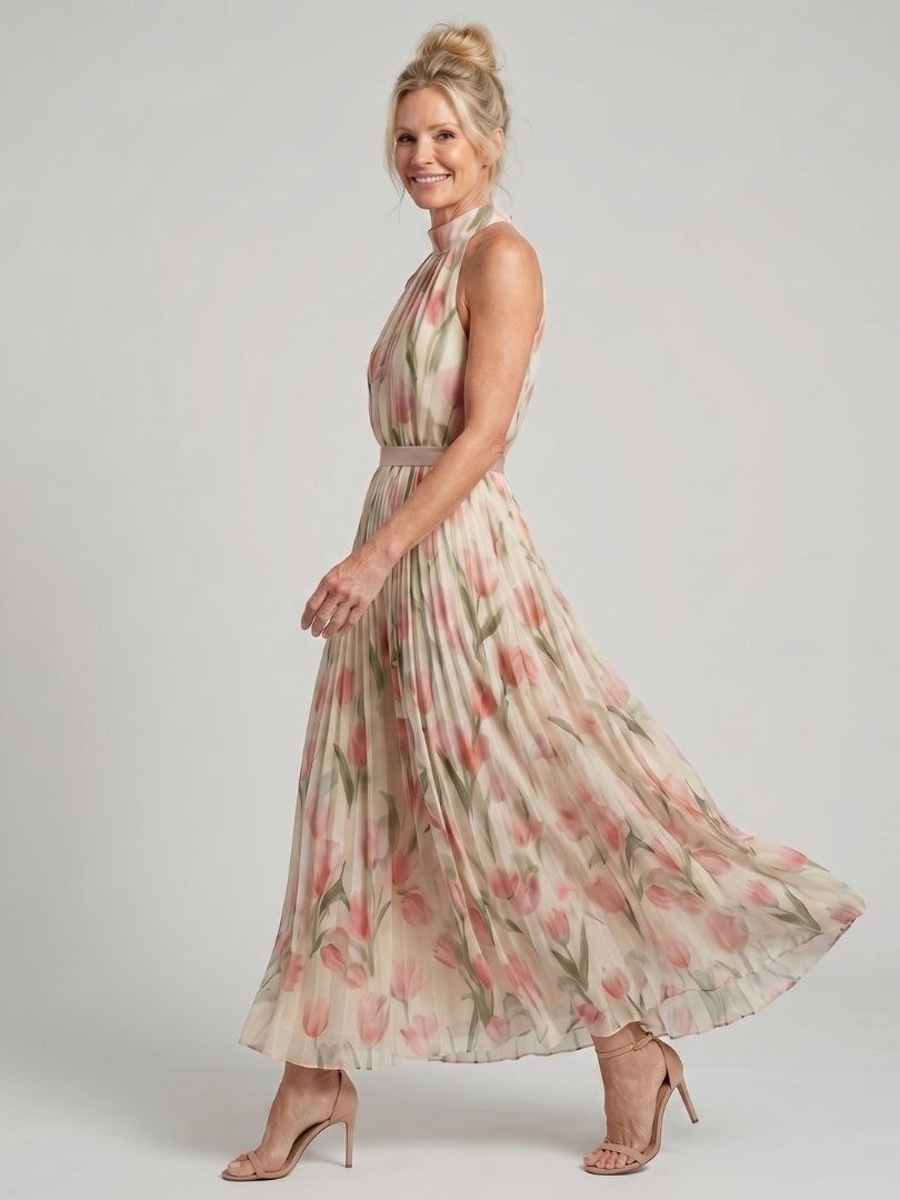 Whitemore & Daughters - Aurelle Midi Dress: Halter-Neck Dress with Belted Waist in Floral Print