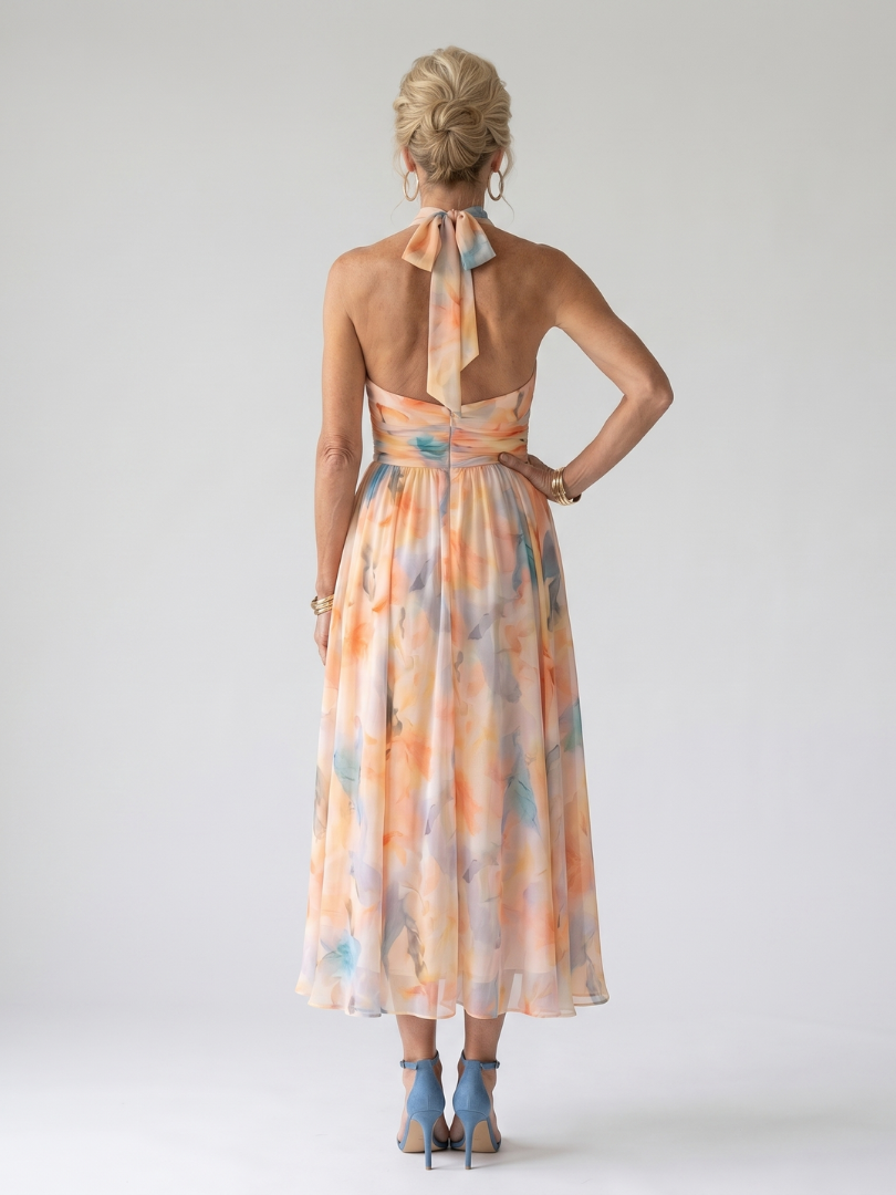 Whitemore & Daughters - Elin Midi Dress: Halter-Neck Dress with Belted Waist in Watercolor Print