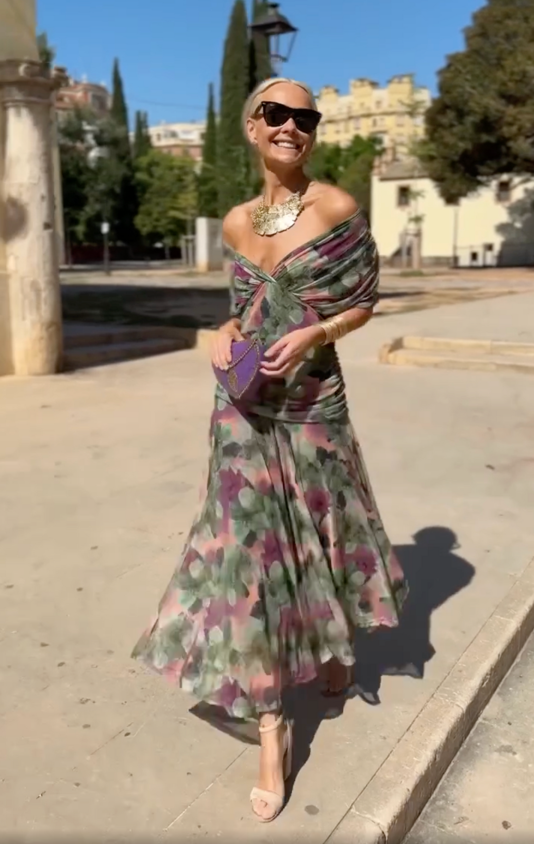 Whitemore & Daughters - Eloria Maxi Dress: Off-Shoulder Twist-Front Dress with Flutter Sleeves in Floral Print