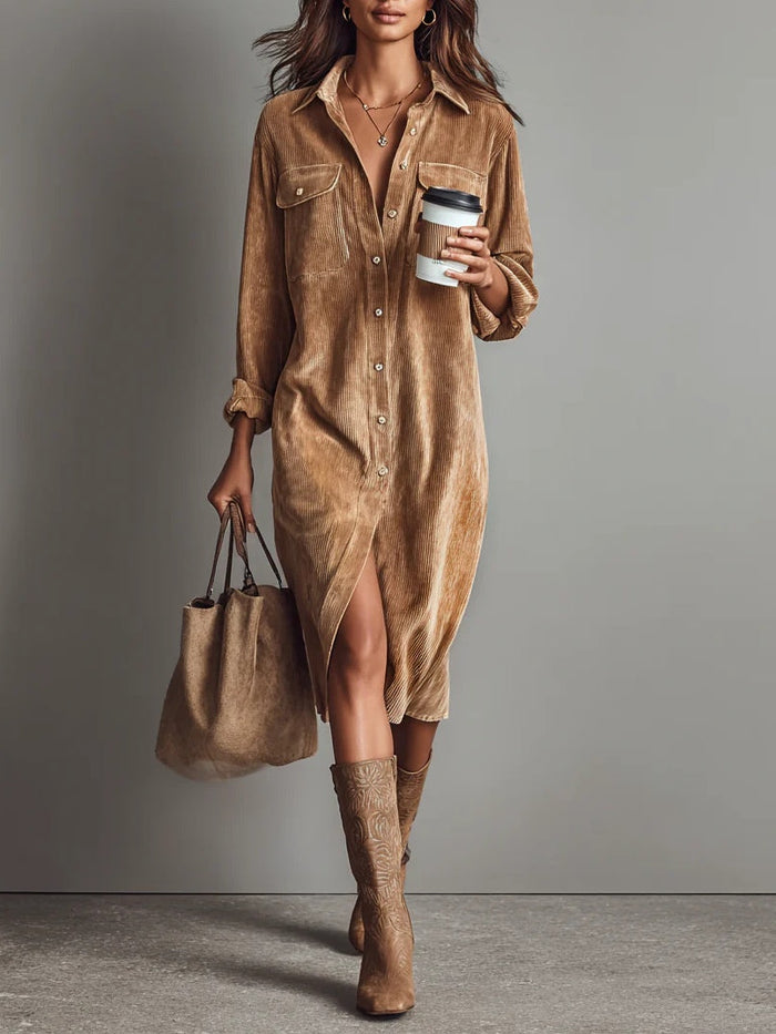 Whitemore & Daughters - Aurovia Midi Dress: Shirt-Collar Button-Front Dress with Front Slit