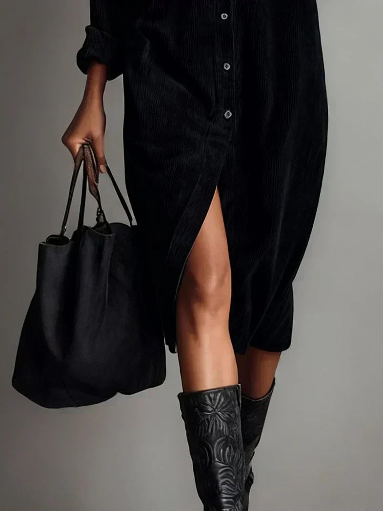 Whitemore & Daughters - Aurovia Midi Dress: Shirt-Collar Button-Front Dress with Front Slit