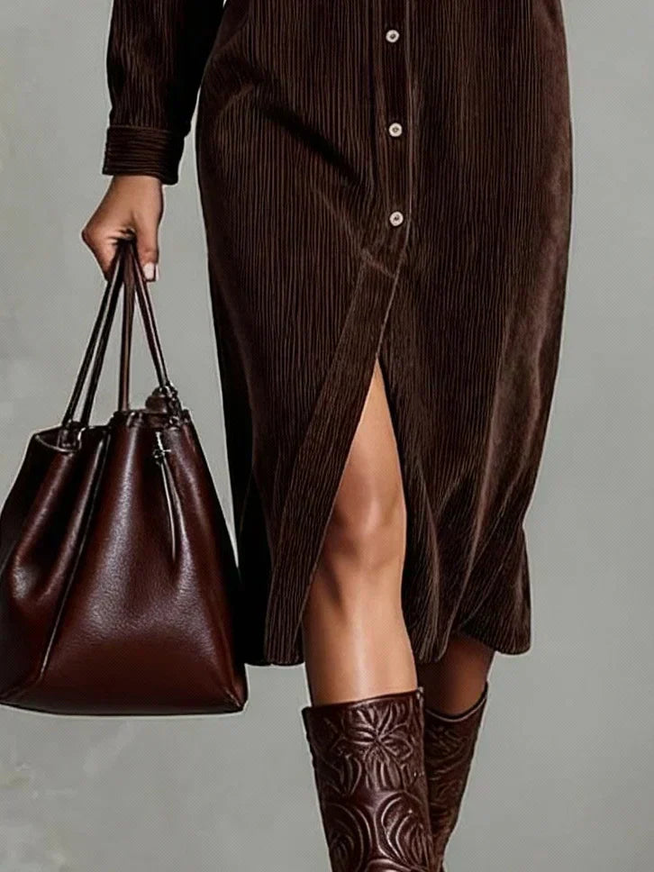 Whitemore & Daughters - Aurovia Midi Dress: Shirt-Collar Button-Front Dress with Front Slit