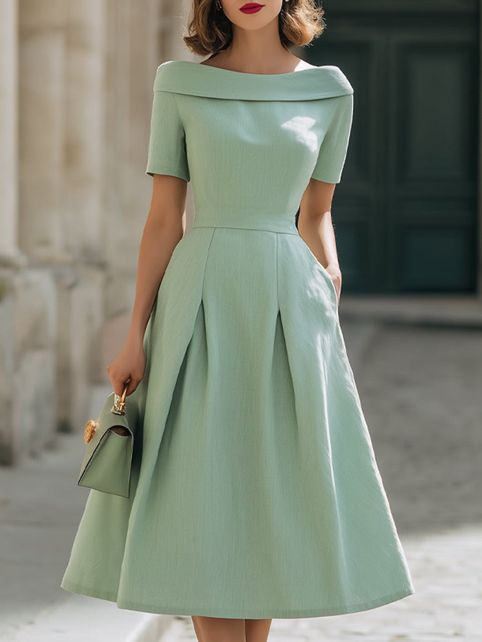 Whitemore & Daughters - Midi Dress: Off-Shoulder Fit-and-Flare Dress with Pockets