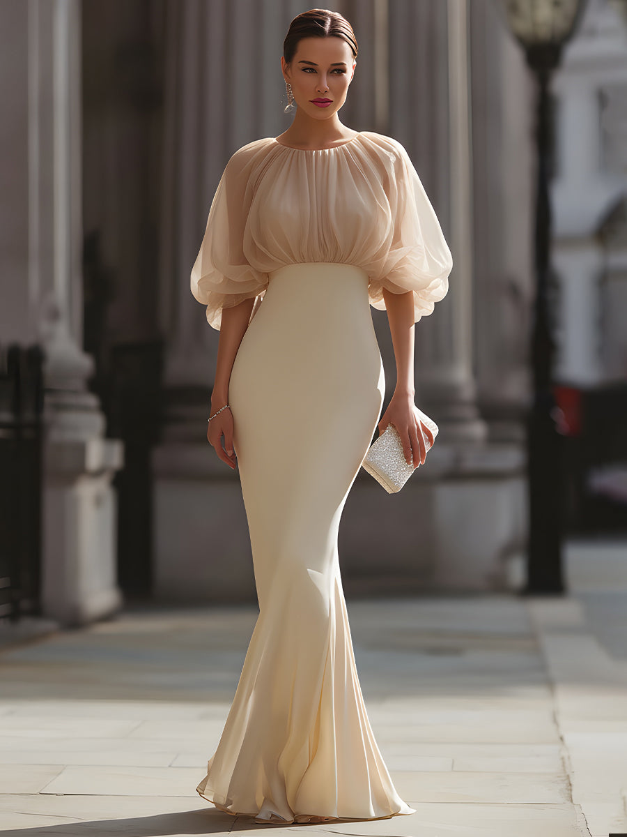 Whitemore & Daughters - Gown: Round-Neck Dress with Sheer Balloon Sleeves and Mermaid Silhouette