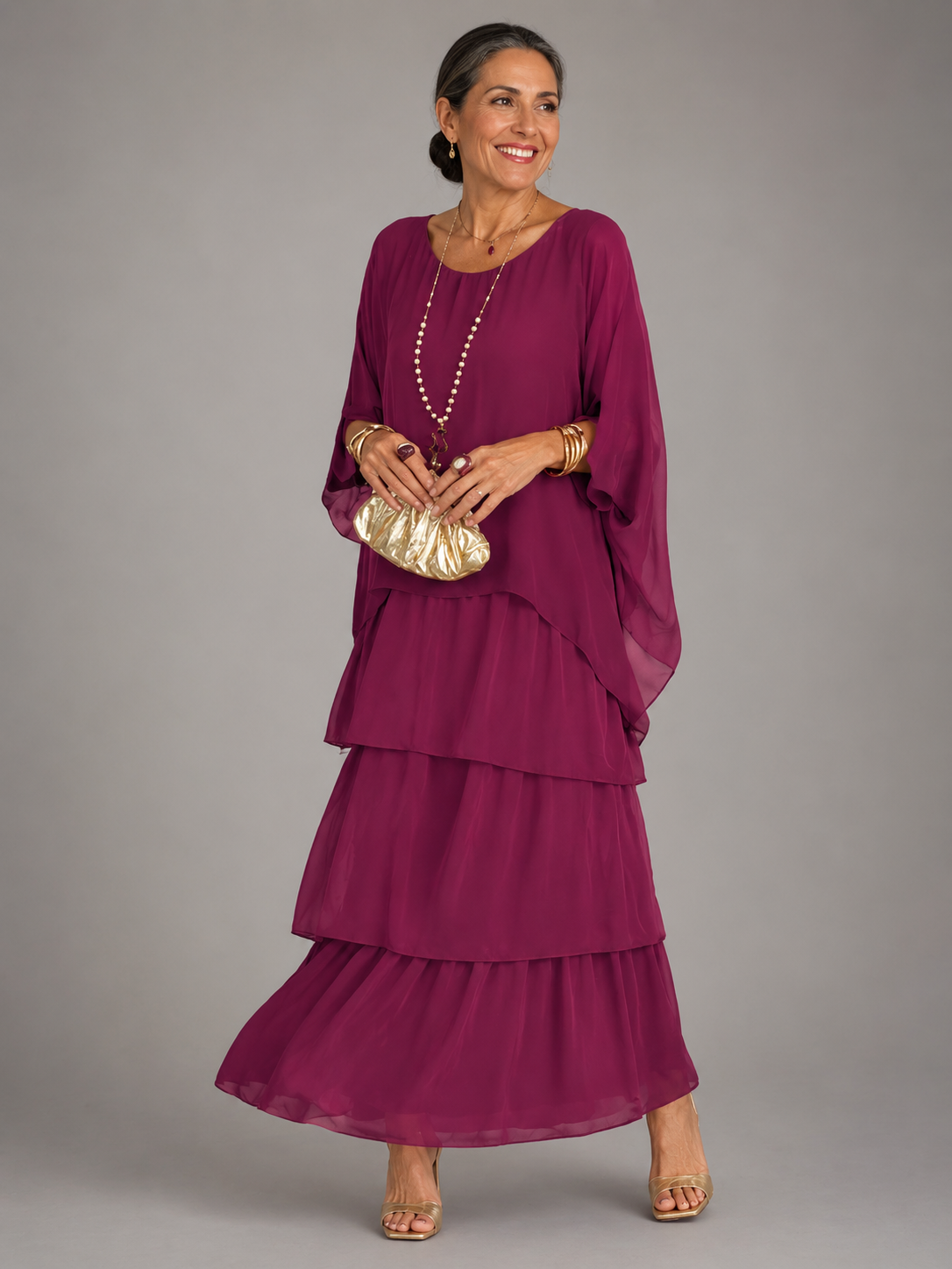 Whitemore & Daughters - Velmara Maxi Dress: Tiered Chiffon Dress with Cape-Overlay Flutter Sleeves