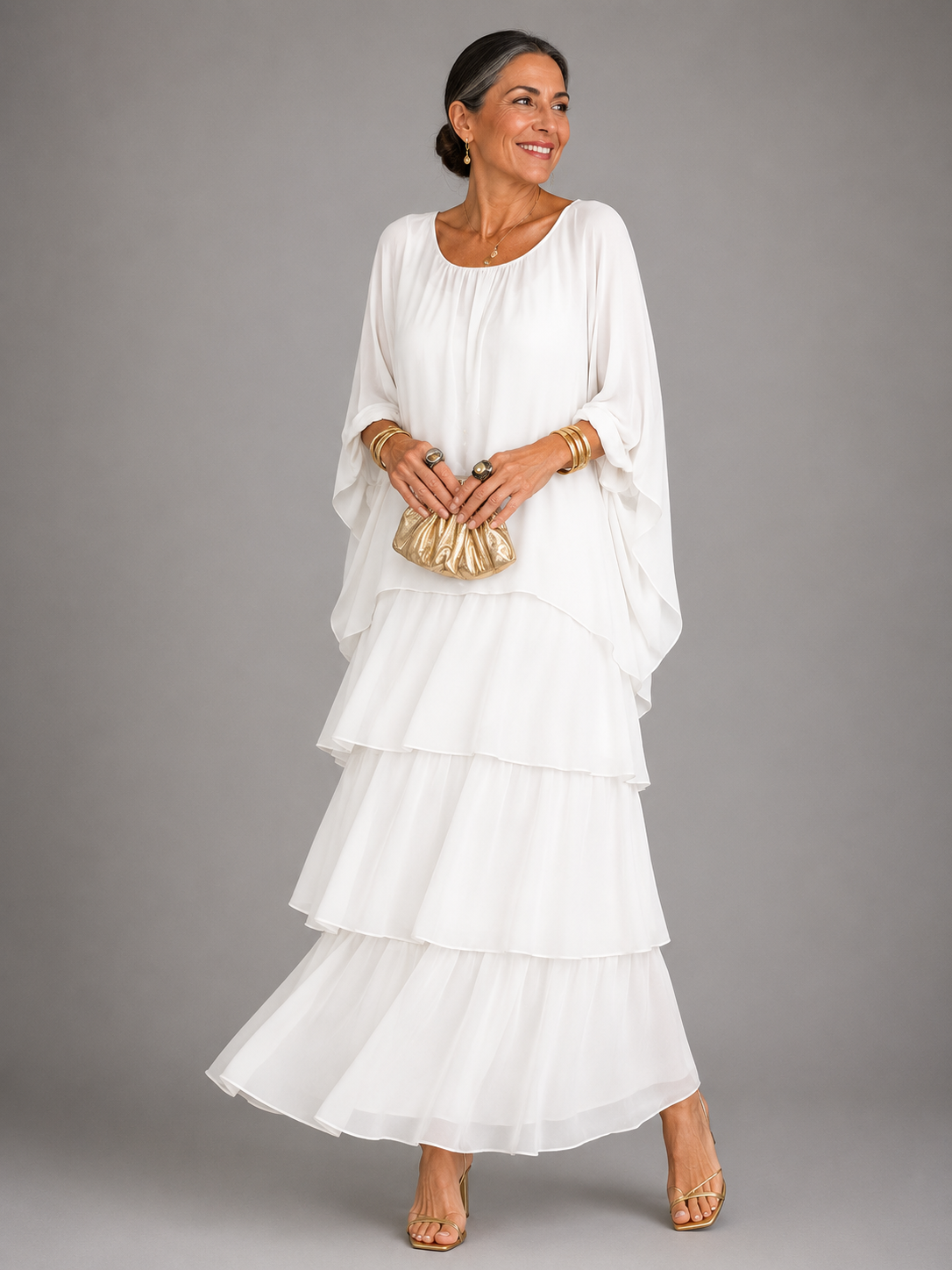 Whitemore & Daughters - Velmara Maxi Dress: Tiered Chiffon Dress with Cape-Overlay Flutter Sleeves