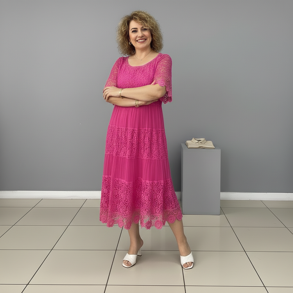 Whitemore & Daughters - Berlinda Midi Dress: Round-Neck Lace Dress with Tiered Skirt