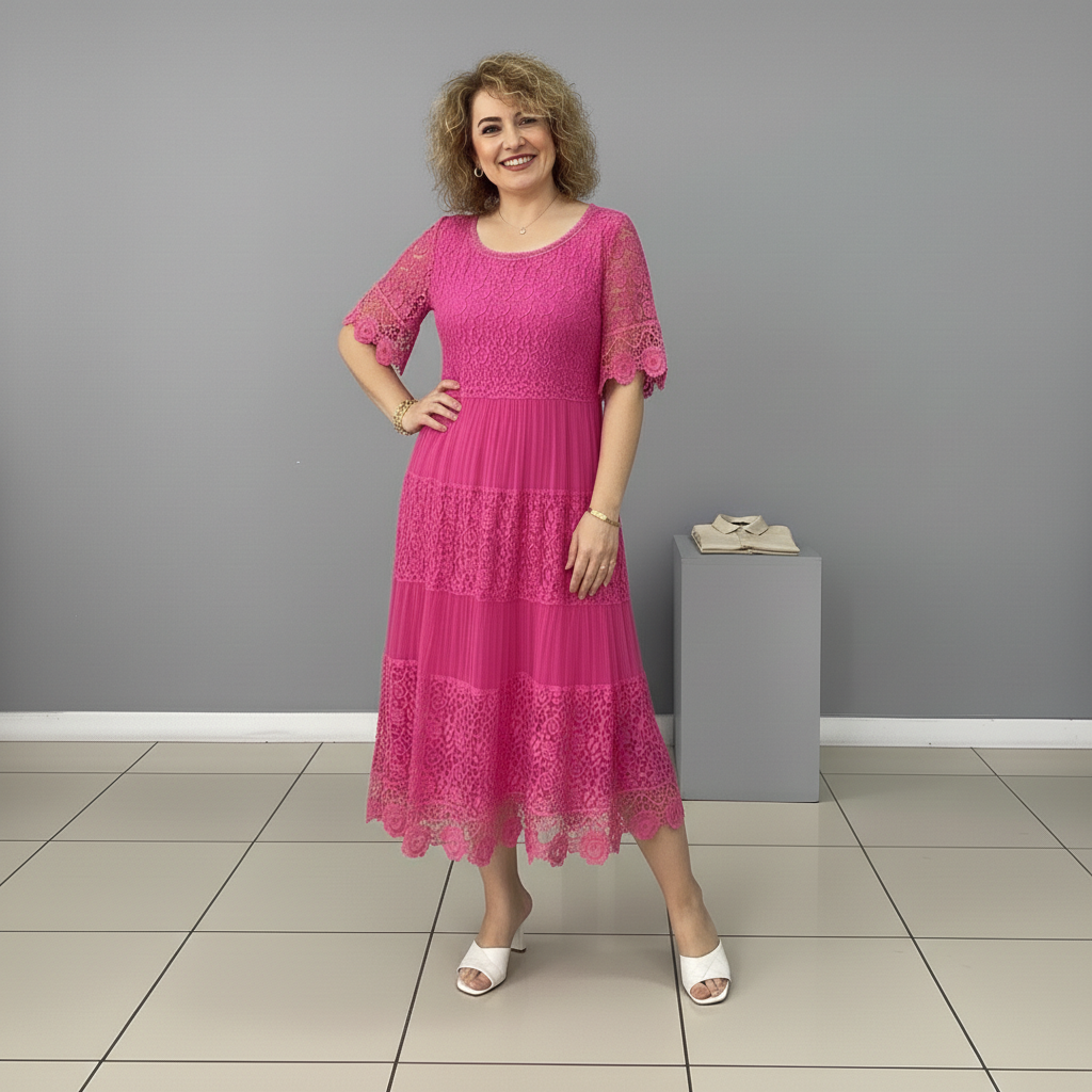 Whitemore & Daughters - Berlinda Midi Dress: Round-Neck Lace Dress with Tiered Skirt